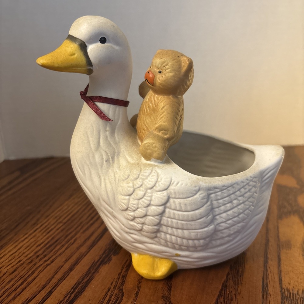 Vintage Ceramic Teddy Bear on Goose Back Bows Candy Dish Planter Trinket Holder
